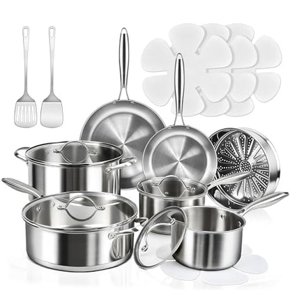 16-Piece Pots and Pans Set, Tri-Ply Stainless Steel Cookware Set with Lids, Non-toxic Kitchen Cooking Set, Dishwasher-Friendly, Induction-Ready, Even Heating, Heavy Duty, Compatible with All Cooktops