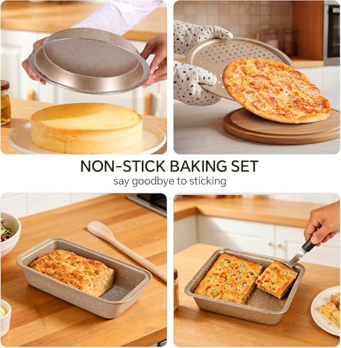 FLAREFX 11 Piece Baking Set | Nonstick & Non Toxic Bakeware Sets Baking Pans Set | Carbon Steel Baking Supplies Include Notebook, Cookie Sheets, Roasting Pan, Muffin Pan, Cake Pan, Pizza Pan, Loaf Pan