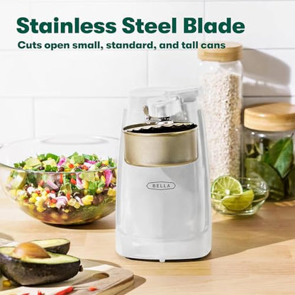 bella Electric Can Opener and Knife Sharpener, Removable Cutting Lever, Cord Storage, Stainless Steel Blade, White