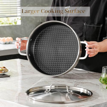 DELARLO Tri-Ply Stainless Steel Braiser Pan with Lid Nonstick 6 Quart Cooking Pot Induction Rondeau Deep Frying Pan,Large Saute Pan,Heavy Duty,Dishwasher and Oven Safe to 550℉