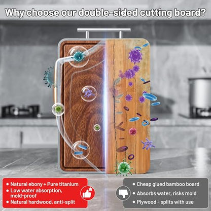 Titanium Cutting Boards For Kitchen,Ebony Wood Cutting Board,Double Sided Metal Chopping Board With Handle And Juice Groove, Idea Kitchen Appliances For Meat And Charcuterie