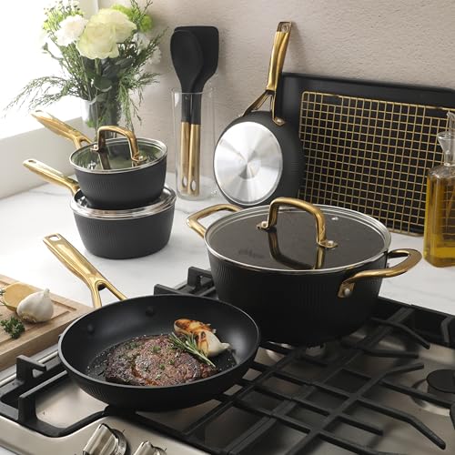 Oster Platinum Abbottsford 16 Piece Aluminum Pots and Pans PFA Free Ceramic Non stick Induction Kitchen Cookware Set - Black W/Gold