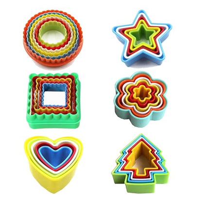 32Pcs Cookie Cutter Set, Biscuit Cutters Shapes, Multi-Size Sandwich Fondant Cake Fruit Vegetable Shapes Cutter Set,Include Square, Round, Star, Heart, Flower, Tree (6 Shapes)