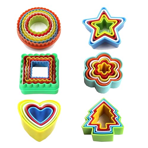 32Pcs Cookie Cutter Set, Biscuit Cutters Shapes, Multi-Size Sandwich Fondant Cake Fruit Vegetable Shapes Cutter Set,Include Square, Round, Star, Heart, Flower, Tree (6 Shapes)