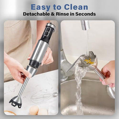 REVOTRA Immersion Blender Handheld, 6 in 1 Hand Blender, 12 Speed Stainless Steel Immersion Blender, Whisk, Chopper, Beaker, Beaters, Milk Frother