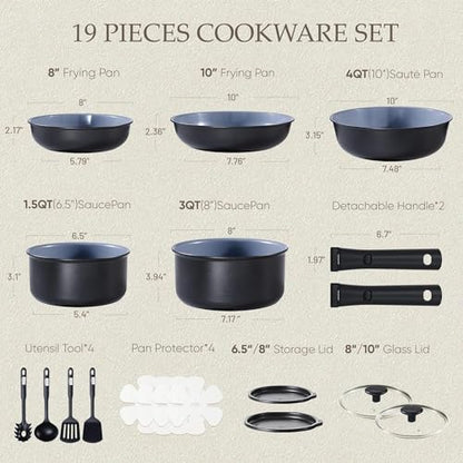 CAROTE 19PCS Ceramic Cookware Sets, Black and Gray, Pots and Pans Set Non Stick Non Toxic, Induction Cookware, Kitchen Cookware Sets, Pots Set for Healthy Cooking