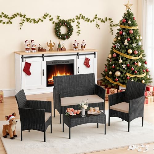 RTDTD 4 Pieces Patio Furniture Set Outdoor Conversation Set Rattan Furniture Set Wicker Chairs and Sofa with Glass Table for Porch Pool Backyard Garden Sand