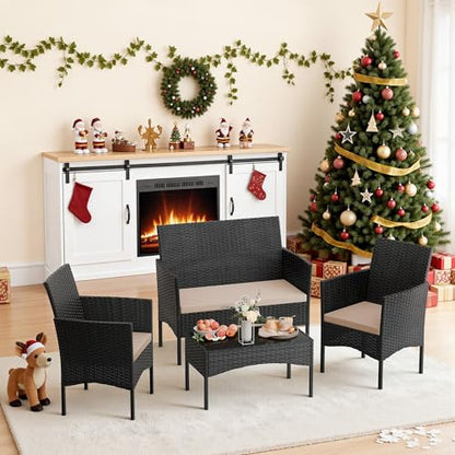 RTDTD 4 Pieces Patio Furniture Set Outdoor Conversation Set Rattan Furniture Set Wicker Chairs and Sofa with Glass Table for Porch Pool Backyard Garden Sand