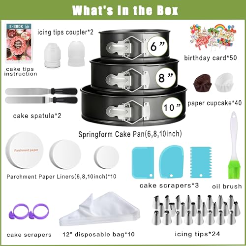 Easynzery 168pcs Cake Pan Sets for Baking + Cake Decorating Supplies: 3 Non-Stick Springform Pans Set (6, 8, 10 inches), Icing Tips – Multi-functional Leak-Proof CheeseCake Pan