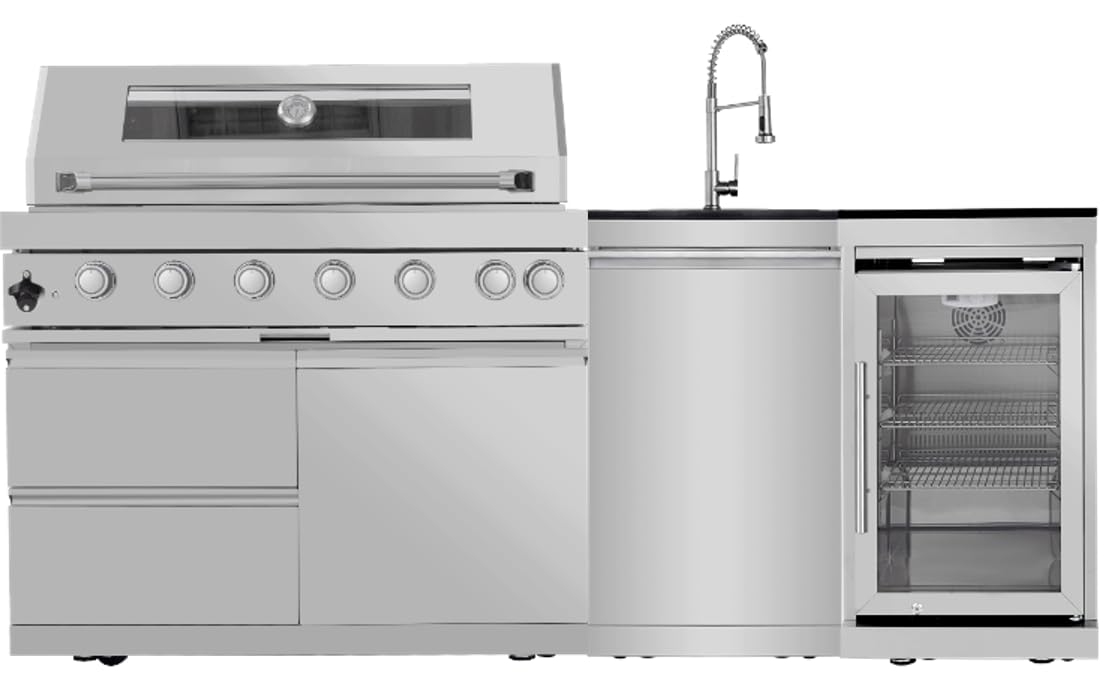 6-Burner 85000 BTU Stainless Steel Gas Outdoor Kitchen Bar Barbecue Modular Island Grill with Wine Cooler Compact Refrigerator + Rotisserie Kit + Granite Countertops + Storage Cabinets & Drawers