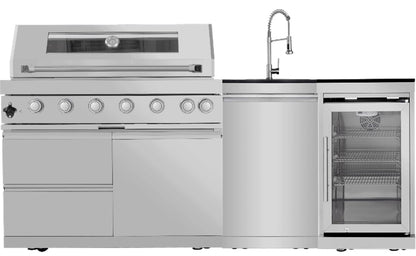6-Burner 85000 BTU Stainless Steel Gas Outdoor Kitchen Bar Barbecue Modular Island Grill with Wine Cooler Compact Refrigerator + Rotisserie Kit + Granite Countertops + Storage Cabinets & Drawers