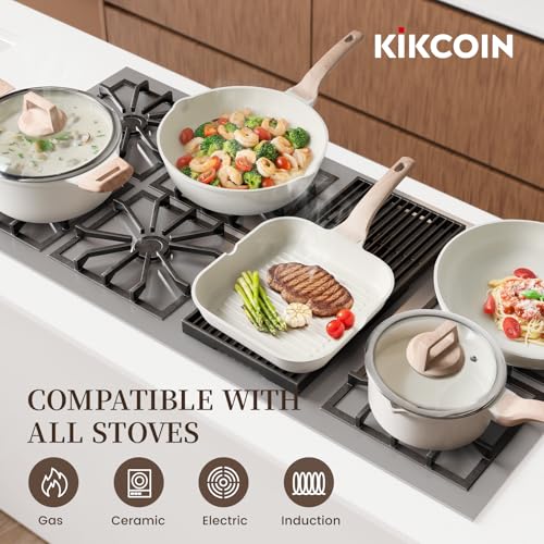 Kikcoin 16Pcs Ceramic Pots and Pans Set Non Stick, Includes a 9.5" Grill Pan, Induction Kitchen Cookware Sets, White Nonstick RV Kitchen Camping Cooking Sets Stackable (PTFE, PFOS, PFOA Free)