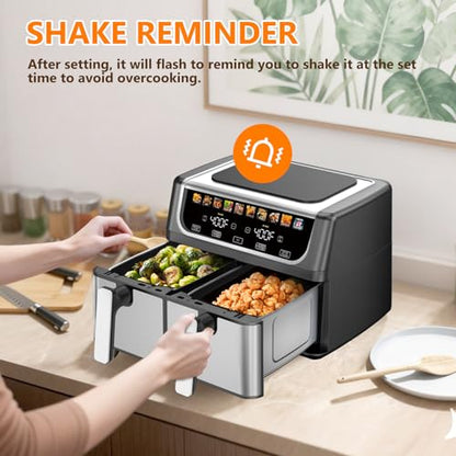 DUMOS 9.5 Quart Dual Basket Air Fryer, 10-in-1 Large Airfryer