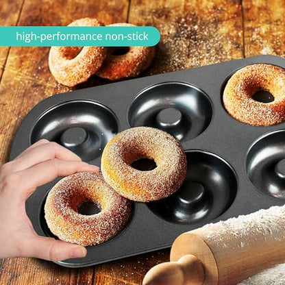 GEEOOLLAH Nonstick Donut Pan Set – 2-Piece Bakeware with 6-Cavity Mini and 12-Cavity Standard Molds, Durable Carbon Steel, Scratch-Resistant, Even Heating