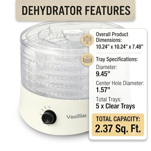 Small Food Dehydrator Dryer - Dehydrator for Healthy Food, Meat, Jerky, Fruit, Vegetable, Mushroom and Herb, 280W, 158°F, Mini Dryer with 5 BPA-Free Drying Trays, White, Model 704M