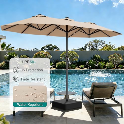 AreShark 15FT Patio Umbrella with Solar Lights, Double Sided Outdoor Table Umbrellas with Crank, Large Rectangular Market Umbrella for Porch, Lawn, Pool, Backyard, Beige