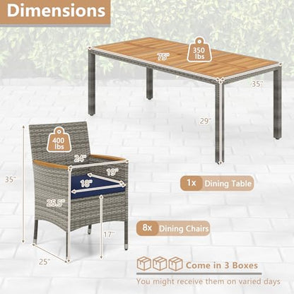 COSTWAY 9-Piece Patio Dining Set for 8, Outdoor Rattan Wicker Table and Chairs Furniture Set with Umbrella Hole, Acacia Wood Tabletop for Backyard, Balcony, Poolside, Grey & Navy