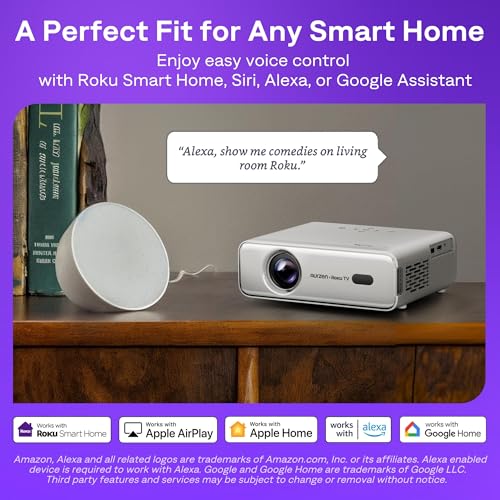 Aurzen Roku TV Smart Projector with Wifi and Bluetooth, Roku Streaming Experience Built-in, 1080P FHD, DoIby Audio, Auto Focus & Keystone, Zoom, Movie Portable Outdoor Mini Projector, White