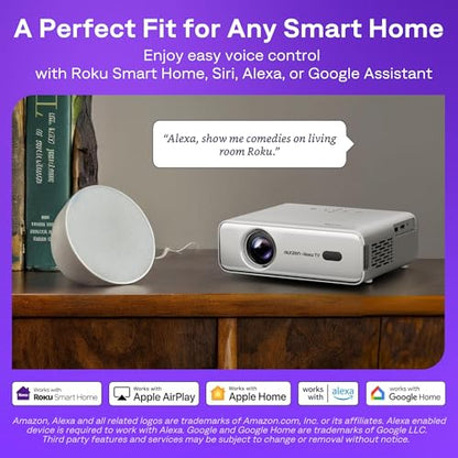Aurzen Roku TV Smart Projector with Wifi and Bluetooth, Roku Streaming Experience Built-in, 1080P FHD, DoIby Audio, Auto Focus & Keystone, Zoom, Movie Portable Outdoor Mini Projector, White