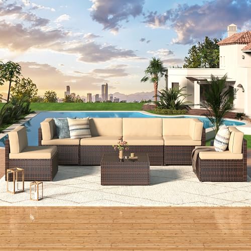 U-MAX 7 Piece Outdoor Patio Furniture Set, PE Rattan Wicker Sofa Set, Outdoor Sectional Furniture Chair Set with Cushions and Tea Table, Brown
