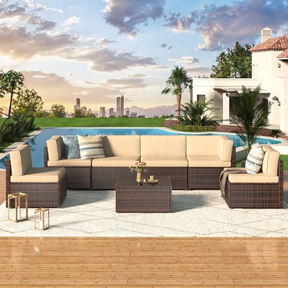 U-MAX 7 Piece Outdoor Patio Furniture Set, PE Rattan Wicker Sofa Set, Outdoor Sectional Furniture Chair Set with Cushions and Tea Table, Brown