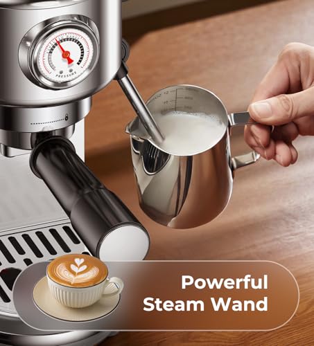 atatix Espresso Machine with Milk Frother, 20 Bar Pressure Espresso Maker, with 44OZ Removable Tank, Compact Stainless Steel Coffee Machine for Home, Office, Latte, Cappuccino, Macchiato, Silver