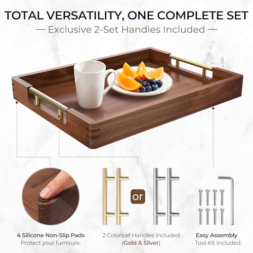 ZENPTIA Acacia Wood Serving Tray with 2 Sets of Handles (Gold & Silver) - 17" Large Wooden Tray for Ottoman Coffee Table, Decorative Tray for Living Room & Kitchen - Solid Wood Table Topper