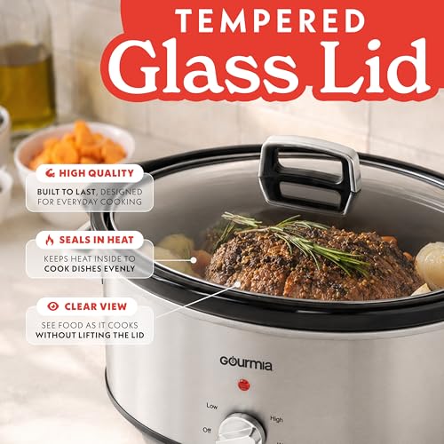 Gourmia Slow Cooker - 7 Quart Removable Ceramic Pot, Manual Controls with 3 Temperature Settings, Dishwasher Safe Crock and Glass Lid, Stainless Steel