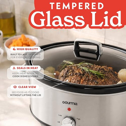 Gourmia Slow Cooker - 7 Quart Removable Ceramic Pot, Manual Controls with 3 Temperature Settings, Dishwasher Safe Crock and Glass Lid, Stainless Steel