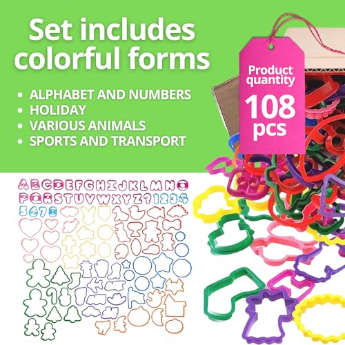 Pack of 108 Cookie Cutters Kit – Big Set of Plastic Cake Cookie Cutters Perfect Size Alphabet Numbers Holiday and Other Shapes for Baking Bento Box Bakeware for Holiday Birthday Party