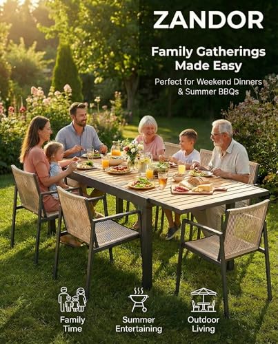 ZANDOR Expandable Outdoor Dining Set for 4-6-8,Patio Table and Chairs Set with Wood Top for Garden,Backyard,Porch,55"-82.7" Extendable Aluminum Outdoor Table Set with 8 Chairs,Grey