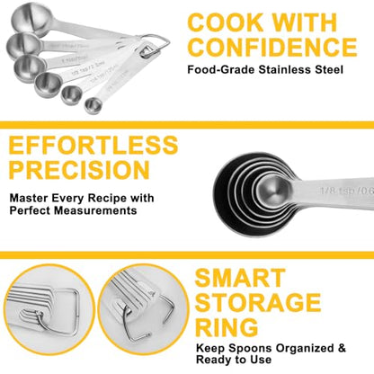 Stainless Steel Measuring Spoons Set, 6 Piece Metal Measuring Spoon Set for Dry & Liquid Ingredients, Heavy Duty 18/8 Steel with Engraved US & Metric Marks, Nesting Kitchen Spoons for Cooking Baking