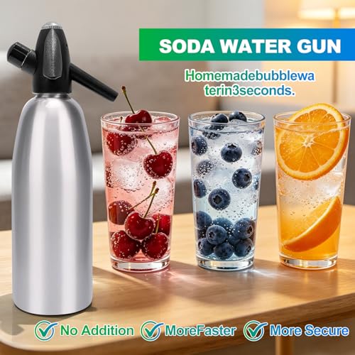 Soda Siphon, 1L Portable Seltzer Maker - Retro-Style Sparkling Water Machine for Homemade Carbonated Drinks, Juices & Cocktails, Uses 8g CO2 Cartridges (Cartridges Not Included) - Silver
