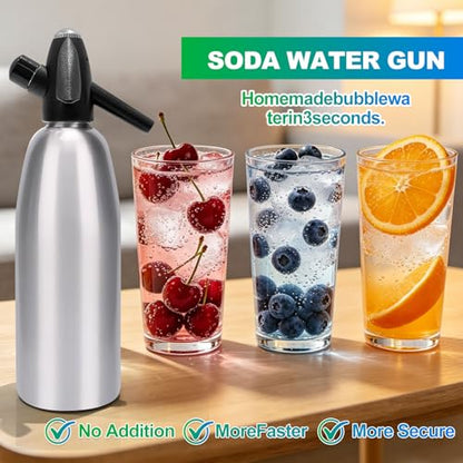 Soda Siphon, 1L Portable Seltzer Maker - Retro-Style Sparkling Water Machine for Homemade Carbonated Drinks, Juices & Cocktails, Uses 8g CO2 Cartridges (Cartridges Not Included) - Silver