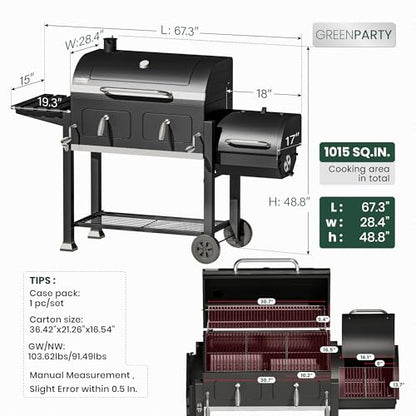 30 Inch Barrel Charcoal Grill and Offset Smoker, 1015 sq. in. Cooking Area Outdoor BBQ Grill, Perfect for Outdoor Cooking Barbecue Patio Garden Backyard Party
