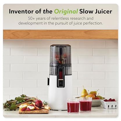 Hurom H70 Cold Press Juicer Machine, Easy to Clean Masticating Slow Juicer, Ideal Balance of Size and Function, Compact, Strainer Free, Self Feeding, Hands Free, with Wide Mouth Hopper (White)