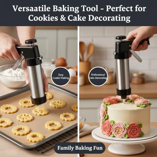 Stainless Steel Cookie Press Gun Kit with 13 Cookie Discs & 8 Piping Tips, Includes Storage Bag for DIY Holiday & Everyday Baking,Essential Baking Supplies