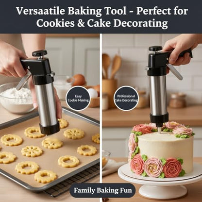 Stainless Steel Cookie Press Gun Kit with 13 Cookie Discs & 8 Piping Tips, Includes Storage Bag for DIY Holiday & Everyday Baking,Essential Baking Supplies