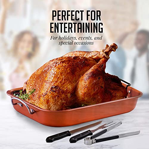 OVENTE Stainless Steel Roasting Pan with V-Shape Rack and Carving Set, 15x11.75 Inch Nonstick Roaster Tray, Oven & Dishwasher Safe Bakeware Dish for Turkey, Roasted Chicken or Beef, Copper CWR24619CO