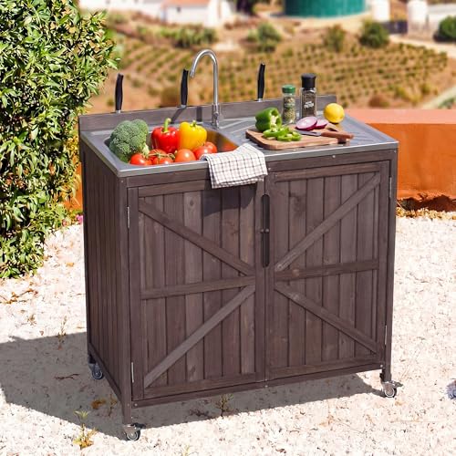 Merax Farmhouse 39.4" Outdoor Grill Cart with Stainless Steel Sink & Back Splash, Wood Rolling BBQ Prep Table w/Storage Cabinet & 4 Lockable Wheels for Patio and Outdoor Cooking,Dark Brown