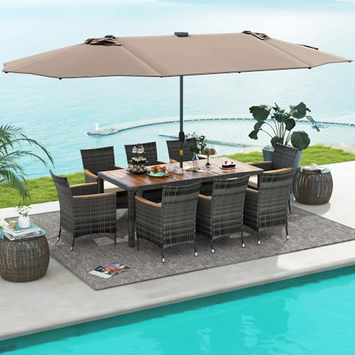 Tangkula 11 Pieces Patio Dining Set with 15 ft Double-Sided Patio LED Umbrella (Base Included), Outdoor Rattan Furniture Set with 8 Armchairs, 1 Rectangular Acacia Wood Dining Table (Tan)