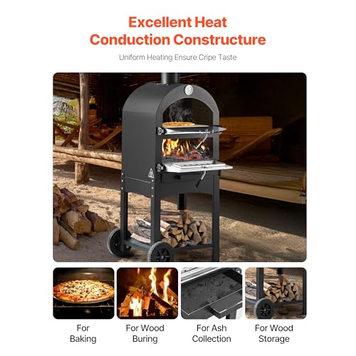 VEVOR Portable Outdoor Oven, 12-inch Stand Pizza Oven with Casters, Pellet & Chips & Charcoal & Firewood Four Fuel, Baked Paint Pizza Grill, Includes Pizza Stone, Pizza Shovel, for Camping & Backyard