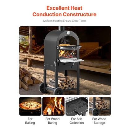 VEVOR Portable Outdoor Oven, 12-inch Stand Pizza Oven with Casters, Pellet & Chips & Charcoal & Firewood Four Fuel, Baked Paint Pizza Grill, Includes Pizza Stone, Pizza Shovel, for Camping & Backyard