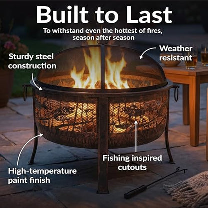 Sunnydaze 30-Inch Fire Pit with Spark Screen, Water-Resistant Cover, Metal Grate, and Fireplace Poker - Northwoods Fishing