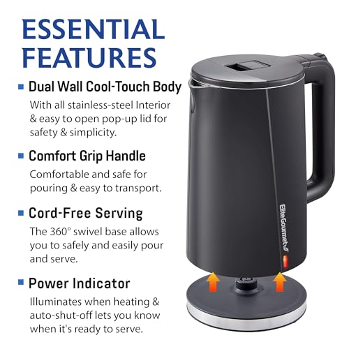 Elite Gourmet 1.7L Cool-Touch 1500W Fast Boil Kettle, Double Wall, Black