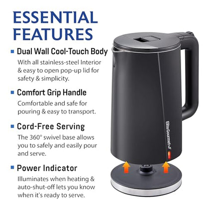 Elite Gourmet 1.7L Cool-Touch 1500W Fast Boil Kettle, Double Wall, Black