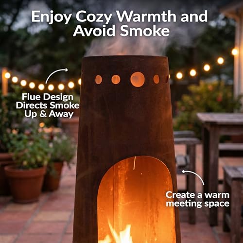 Sunnydaze Santa Fe 50-Inch Chiminea Outdoor Fire Pit - Wood-Burning Chiminea Outdoor Fireplace with Wood Grate - Rustic Patina Finish
