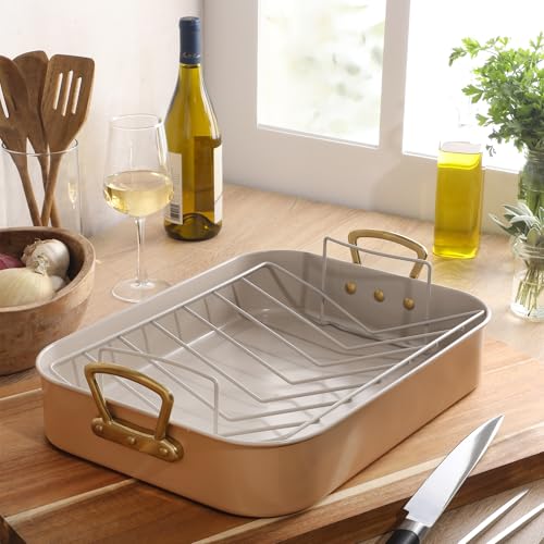 Gibson Home Broxton 2-Piece Nonstick Roaster Pan with Rack – 16 x 12 Inch Apricot Turkey Roasting Pan with Cast Aluminum Gold Handles – Oven-Safe, Easy-Clean, Holiday Cookware