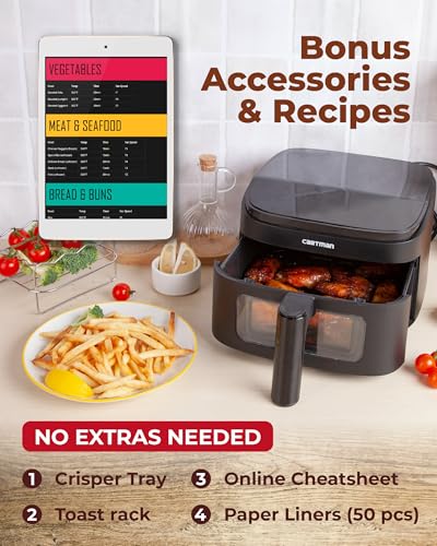 Cartman 4QT Compact Air Fryer, Ultra-Flat 6.7" Height Small Airfryer, Adjustable Airflow Design, Viewing Window, Up to 450℉, 7 Presets Touchscreen, Portable Air Fryer, Black