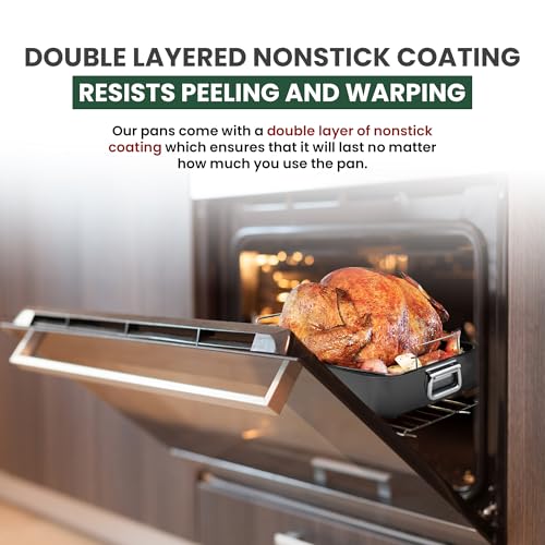 Large Roasting Pan With Rack 12” X 16” - Non Stick Large Roaster Pan and Flat Rack With Foldable Handles - Roasting Pans for Ovens to Elevate Food for Even Heating - Dishwasher Safe Turkey Roast Pot